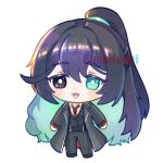  1boy black_coat black_eyes black_hair black_pants black_vest blue_eyes blue_hair bright_pupils coat collared_shirt colored_inner_hair full_body funnibunni heterochromia high_ponytail highres hong_lu_(project_moon) limbus_company long_hair long_sleeves looking_at_viewer male_focus multicolored_hair necktie open_mouth pants ponytail project_moon red_necktie shirt simple_background solo standing very_long_hair vest white_background white_pupils white_shirt 