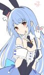  1girl animal_ears bare_shoulders black_hairband black_hat black_leotard blue_hair blush center_frills commentary_request detached_sleeves don-chan_(usada_pekora) fake_animal_ears frills hairband hat head_tilt highres hololive kiritoma leotard long_hair looking_at_viewer mini_hat mini_top_hat puffy_short_sleeves puffy_sleeves rabbit-shaped_pupils rabbit_ears red_eyes short_eyebrows short_sleeves signature simple_background solo symbol-shaped_pupils thick_eyebrows tilted_headwear top_hat usada_pekora usada_pekora_(furi_furi_bunny_dress) very_long_hair virtual_youtuber white_background white_sleeves wrist_cuffs 