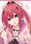  1girl absurdres aqua_eyes ascot black_ascot blunt_bangs blush braid character_name commentary_request double-parted_bangs fang hair_ornament hair_ribbon hairclip hands_up happy happy_birthday highres index_fingers_raised kamiyama_shiki long_hair looking_at_viewer notice_lines open_mouth outline ponytail red_hair red_outline ribbon sailor_collar school_uniform serafuku side_braid sidelocks signature simple_background skin_fang smile solo summer_pockets summer_pockets_school_uniform upper_body ura_(ura-tennislove) white_background white_sailor_collar yellow_ribbon 