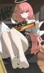  1girl absurdres arknights barefoot black_necktie collared_shirt dddm gun highres holding holding_weapon lemuen_(arknights) long_hair looking_at_viewer necktie pencil_skirt pink_eyes pink_hair rifle shirt sitting skirt smile sniper_rifle solo toes very_long_hair weapon white_shirt 