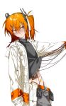  1girl a.i._voice adachi_rei android belt_pouch black_hairband black_shirt blush cable clothes_lift clothes_pull computer_chip grey_pants hair_between_eyes hair_ribbon hairband hand_up headlamp highres hirune_(suiminbusoku118) holding holding_cable jacket long_hair long_sleeves one_side_up open_clothes open_jacket open_mouth orange_eyes orange_hair pants pants_pull parted_lips pouch radio_antenna ribbon shirt shirt_lift simple_background solo turtleneck turtleneck_shirt white_background white_jacket white_ribbon 