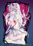  1girl ass back_cutout beyumi blood blood_on_gloves blood_on_weapon clothing_cutout copyright_notice dress gamer_supps gloves grey_eyes grey_hair hat highres holding holding_weapon horns indie_virtual_youtuber long_hair low_wings median_furrow nurse nurse_cap pointy_ears solo thighhighs vei_(vtuber) virtual_youtuber weapon white_dress white_gloves white_hat white_thighhighs wings 