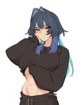  1girl alternate_costume black_hair black_pants black_sweater blue_hair breasts closed_mouth clothes_lift hand_on_own_cheek hand_on_own_face highres hololive hololive_english large_breasts lifting_own_clothes multicolored_hair navel ouro_kronii pants pomuya simple_background solo sweater sweater_lift sweatpants twitter_username virtual_youtuber white_background 