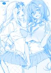  2girls amesuku_gyaru artist_name belt between_breasts blanc_(nikke) blue_theme blunt_bangs blush bra bra_peek bra_visible_through_clothes bracelet braid breasts buttons cleavage commentary_request cowboy_shot embarrassed eyewear_on_head fang fishnets flying_sweatdrops from_side goddess_of_victory:_nikke gyaru hair_between_eyes hair_ornament hand_up highres huge_breasts jewelry kogal long_hair long_sidelocks long_sleeves looking_at_viewer loving_aura low-braided_long_hair low-tied_long_hair medium_breasts microskirt midriff monochrome multiple_girls navel_peek necktie necktie_between_breasts noir_(nikke) open_clothes open_collar open_mouth open_shirt panties panty_peek peanut_mouth plaid_clothes plaid_skirt pleated_skirt rabbit_hair_ornament rope_braid school_uniform shirt short_sleeves sidelocks simple_background single_braid skin_fang skirt skirt_tug sleeves_rolled_up smile star-shaped_eyewear star_(symbol) sweatdrop tied_shirt twitter_username underwear very_long_hair white_background whoosaku 