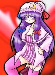  1girl alternate_costume blue_bow blush book bow crescent crescent_hat_ornament crescent_pin dress hair_bow harapekobijin hat hat_ornament holding holding_book long_hair looking_at_viewer mob_cap patchouli_knowledge purple_eyes purple_hair purple_thighhighs red_background red_bow ribbon solo striped_clothes striped_dress thighhighs touhou 