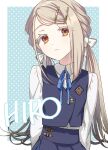 1girl arms_behind_back blonde_hair blue_ribbon blue_skirt blue_vest border character_name closed_mouth collared_shirt commentary gakuen_idolmaster hair_ornament hair_ribbon hairclip hatsuboshi_gakuen_school_uniform highres idolmaster kanoko_y long_hair long_sleeves looking_at_viewer neck_ribbon orange_eyes outside_border polka_dot polka_dot_background ribbon school_uniform shinosawa_hiro shirt skirt solo twintails vest white_border white_shirt 