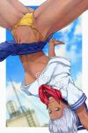  1girl abs albaro ass_visible_through_thighs blue_eyes blue_skirt breasts cosplay dark-skinned_female dark_skin elena_(street_fighter) kasugano_sakura kasugano_sakura_(cosplay) medium_breasts muscular muscular_female no_bra panties school_uniform short_hair skirt sky solo spread_legs street_fighter thighs underboob underwear upside-down white_hair yellow_panties 