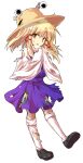  1girl alphes_(style) animal_print blonde_hair brown_hat brown_shoes commentary_request dairi defeat frog_hat frog_print full_body hair_ribbon hat large_variant_set loafers long_hair long_sleeves looking_at_viewer moriya_suwako parody parted_lips purple_skirt purple_vest red_ribbon ribbon shoes skirt skirt_set socks solo style_parody sweatdrop tachi-e torn_clothes touhou transparent_background tress_ribbon variant_set vest white_socks wide_sleeves yellow_eyes 