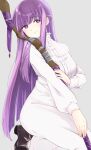 1girl arm_under_breasts black_shoes breasts bright_pupils buttons closed_mouth collar collared_dress commentary_request dress fern_(sousou_no_frieren) frilled_collar frills full_body grey_background highres holding holding_staff large_breasts long_dress long_hair long_sleeves looking_at_viewer mage_staff purple_eyes purple_hair seiza shoes simple_background sitting smile solo sousou_no_frieren staff toamaru54 very_long_hair white_dress white_pupils 