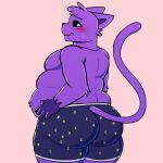 1:1 an0malyz3r0 anthro arm_tuft belly belly_grab big_butt black_nose black_sclera blush bodily_fluids butt catnap_(poppy_playtime) clothing domestic_cat embarrassed felid feline felis fur head_tuft hi_res jewelry long_tail looking_at_self looking_back looking_down male mammal mob_entertainment moobs necklace overweight pattern_clothing pattern_underwear poppy_playtime pupils purple_belly purple_body purple_ears purple_fur shaded simple_background simple_shading smiling_critters solo sweat sweatdrop tail thick_thighs tuft underwear weight_conscious white_pupils