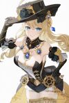  1girl absurdres black_choker black_gloves black_hat blonde_hair blue_eyes blue_flower blue_gemstone breasts choker cleavage dress elbow_gloves floating_hair flower gem genshin_impact gloves grin hair_between_eyes hand_on_own_hip hat hat_flower high-low_skirt highres large_breasts leaning_forward long_hair looking_at_viewer navia_(genshin_impact) simple_background smile solo strapless strapless_dress thighhighs turyee0322 white_background zettai_ryouiki 