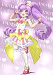 1girl :d bad_id bare_shoulders blush bow breasts coattails dot_nose dress dress_bow frilled_garter full_body green_eyes hair_bow hands_up hashtag-only_commentary heart high_heels highres holding holding_microphone idol idol_clothes legwear_garter long_hair manaka_laala microphone multicolored_dress no_pupils pink_bow pink_dress pink_shoes pretty_series pripara puffy_short_sleeves puffy_sleeves purple_hair see-through_clothes see-through_sleeves shoes short_sleeves sleeveless sleeveless_dress small_breasts smile solo standing standing_on_one_leg striped_clothes striped_dress striped_thighhighs thighhighs translation_request twintails v v_over_eye vertical-striped_clothes vertical-striped_dress vertical-striped_thighhighs very_long_hair white_dress white_thighhighs wrist_bow yakizakana_(yakizakana10967) yellow_dress zettai_ryouiki 