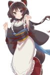  1girl :3 animal_ears apron ayuko_ammobium blush breasts brown_hair brown_tail closed_mouth commentary_request dog_ears dog_girl dog_tail dot_nose floating_hair flower frills full_body grey_kimono grey_sash hair_flower hair_ornament hands_up heterochromia highres inui_toko inui_toko_(1st_costume) japanese_clothes kimono long_hair long_skirt long_sleeves looking_at_viewer maid maid_headdress nijisanji obi obiage obijime red_eyes red_skirt sash simple_background skirt small_breasts smile solo tail tail_under_clothes very_long_hair virtual_youtuber wa_maid waist_apron white_apron white_background white_headdress yellow_eyes 