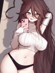 1girl absurdres ahoge black_panties blush breasts brown_eyes brown_hair cellphone closed_mouth collarbone detached_sleeves eyebrows_hidden_by_hair eyes_visible_through_hair hair_between_eyes hazel_eyes heart heart_ahoge highres holding holding_phone huge_ahoge indie_virtual_youtuber iphone large_breasts long_hair looking_at_mirror looking_at_viewer mirror mirror_selfie navel panties phone selfie shadow sky_above_me sky_above_me_(vtuber) sleeveless sleeveless_sweater sleeveless_turtleneck sleeveless_turtleneck_sweater smartphone sweater swept_bangs thighs tongue tongue_out turtleneck turtleneck_sweater underwear very_long_hair virtual_youtuber 