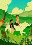  1boy 1girl animal antelope armlet artist_name ashitaka black_hair blue_dress bug butterfly butterfly_on_nose cloud commentary dragonfly dress earrings english_commentary eye_contact facial_mark green_hair helen_jee highres jewelry looking_at_another mononoke_hime moro_no_ichizoku on_animal outdoors san_(mononoke_hime) short_hair white_wolf wolf yakul 