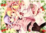  2girls :d :o absurdres animal_ears aogiri_sei bare_shoulders bat_wings black_bloomers black_thighhighs blonde_hair bloomers bow character_name fake_animal_ears fake_tail fang flandre_scarlet food fruit hair_bow highres holding holding_food holding_fruit long_hair looking_at_viewer lying multiple_girls off-shoulder_sweater off_shoulder open_mouth pillow pink_bloomers pink_sweater purple_hair red_bow red_eyes red_ribbon remilia_scarlet ribbon ribbon-trimmed_sweater ribbon-trimmed_thighhighs ribbon_trim siblings sisters skin_fang smile strawberry sweater tail thighhighs third-party_source touhou white_sweater white_thighhighs wings zettai_ryouiki 