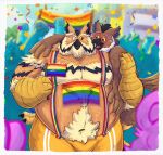 06junior11 anthro avian bird bodypaint caper_oleum carrying_another confetti duo eye_scar eyewear facial_scar father_(lore) father_and_child_(lore) father_and_son_(lore) glasses great_horned_owl hi_res horned_owl hug lgbt_pride lgbt_pride_month lox_oleum male male/male outside owl parent_(lore) parent_and_child_(lore) parent_and_son_(lore) pride_color_flag pride_colors public riding_on_back scar smile son_(lore) suspenders true_owl wearing_glasses