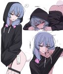  1girl absurdres anal_tail anger_vein ass black_hoodie blue_eyes blue_hair blush channel_(caststation) commentary duplicate fake_tail fishnet_thighhighs fishnets hands_in_pocket hatsune_miku highres hood hoodie medium_hair multicolored_hair no_panties pink_hair pixel-perfect_duplicate price_tag rabbit_hole_(vocaloid) rabbit_tail simple_background solo spoken_anger_vein streaked_hair tail thighhighs tongue tongue_out translated vocaloid white_background 