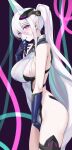  1girl absurdres aqua_hair azur_lane bare_shoulders black_background blue_gloves breasts cable commentary covered_navel from_side gloves hair_between_eyes halterneck hand_on_own_crotch hand_up head_tilt headgear highres iridescent kearsarge_(azur_lane) large_breasts leotard long_hair long_hair_between_eyes looking_at_viewer mechanical_gloves mr.blackcat666 multicolored_hair open_mouth pink_eyes ponytail sideboob sideless_outfit sidelocks sideways_glance solo standing thigh_strap thighs very_long_hair white_hair white_leotard 