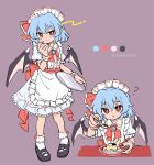 1girl ? alternate_costume apron bat_wings black_shoes blue_hair bow bowtie collared_shirt commentary_request enmaided food full_body holding holding_spoon incoming_food looking_at_viewer maid maid_headdress mary_janes multicolored_hair multiple_views pudding puffy_short_sleeves puffy_sleeves purple_background ramudia_(lamyun) red_bow red_bowtie red_eyes red_nails red_ribbon remilia_day remilia_scarlet ribbon ribbon-trimmed_socks ribbon_trim shirt shoes short_hair short_sleeves skirt socks split-color_hair spoon touhou white_apron white_shirt white_skirt white_socks wings 