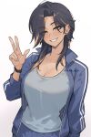 1girl absurdres black_hair blue_jacket bracelet breasts cleavage collarbone dark-skinned_female dark_skin ear_piercing grey_tank_top grin highres hotaru_(nokaa_aru) jacket jewelry large_breasts long_sleeves looking_at_viewer mole mole_under_eye nokaa_aru orange_eyes orange_hair original parted_bangs parted_lips piercing simple_background smile solo tank_top teeth track_jacket v white_background 