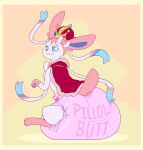 absurd_res ambiguous_gender blue_eyes blue_pawpads blush blush_lines border bow_(anatomy) bubblepuppers cape clean_diaper clothed clothing crown cute_fangs diaper eeveelution english_text fangs feral fur generation_6_pokemon gloves_(marking) headgear hi_res looking_at_viewer looking_back looking_back_at_viewer male_(lore) markings moon_(mrmoonmoo) nintendo pawpads pink_body pink_diaper pink_fur pink_tail pokemon pokemon_(species) simple_background sitting solo sylveon tail teeth text wearing_diaper white_body white_fur yellow_background yellow_border