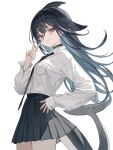  1girl black_choker black_hair black_necktie black_skirt blush breast_pocket breasts cetacean_tail choker collared_shirt colored_inner_hair commentary cowboy_shot fins fish_tail from_side grey_hair hair_ornament hand_on_own_hip hand_up head_fins highres karyln large_breasts long_hair long_sleeves looking_at_viewer loose_necktie multicolored_hair necktie orca_girl original pleated_skirt pocket red_eyes shirt shirt_tucked_in sidelocks simple_background skirt sleeves_past_wrists smile solo streaked_hair symbol-only_commentary tail v white_background white_shirt white_streaks x_hair_ornament 