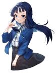  1girl absurdres black_hair black_skirt blue_cardigan blue_eyes blush cardigan closed_mouth cropped_legs floating_hair green_eyes hand_up highres idolmaster idolmaster_million_live! long_hair long_sleeves mogami_shizuka neck_ribbon open_cardigan open_clothes ribbon shirt simple_background skirt smile solo thousa_01 white_background white_shirt 