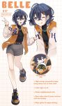  1girl :q aqua_eyes belle_(zenless_zone_zero) black_hair black_shirt bunni_stardust character_name closed_eyes earrings english_text eous_(zenless_zone_zero) grey_skirt hair_between_eyes hair_ornament highres jacket jewelry multicolored_jacket multicolored_shoes multiple_views one_eye_closed orange_jacket shirt short_hair skirt tongue tongue_out v white_jacket zenless_zone_zero 