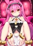  1girl ajitarou_(setsu) animal_ears black_skirt bracelet breasts choker dragon_wings emil_chronicle_online frilled_choker frills hairband highres jewelry long_hair m_legs medium_breasts midriff mitama_nanai navel on_bed pink_hair pink_wings skirt spread_legs white_skirt wings yellow_eyes 