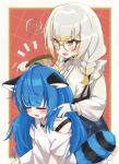  2girls ahoge animal_ears blonde_hair blue_hair blue_skirt blush braid brushing_hair brushing_own_hair chromashift closed_eyes collared_shirt colored_tips commission english_commentary glasses glitch_stars gradient_hair grey_hair hair_brush highres holding holding_hair_brush kakue_gaku kanna_yanagi long_hair long_sleeves multicolored_hair multiple_girls open_mouth plaid_clothes plaid_skirt poko_rakun raccoon_ears raccoon_girl raccoon_tail second-party_source semi-rimless_eyewear shirt short_eyebrows short_sleeves skeb_commission skirt striped_tail t-shirt tail twin_braids virtual_youtuber white_shirt yellow_eyes 