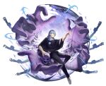  1boy absurdres air_(ai_r_) blue_eyes blue_hair colored_skin domain_expansion energy grin hair_ornament hair_scrunchie heterochromia highres holding_hands jujutsu_kaisen long_hair low-tied_long_hair mahito_(jujutsu_kaisen) male_focus pants purple_skin scrunchie shoes simple_background smile solo stitched_arm stitched_face stitched_neck stitches white_background white_shoes yellow_eyes 