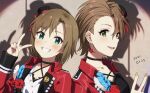  2girls aqua_eyes black_choker blue_nails blush brown_hair choker collared_jacket dated ear_piercing earrings emu_(emum) feathers flower green_eyes grin hair_between_eyes hand_up hat highres idolmaster idolmaster_cinderella_girls jacket jewelry kimura_natsuki looking_at_viewer mini_hat multiple_girls nail_polish open_clothes open_jacket open_mouth piercing plaid_hat red_flower red_jacket red_rose rose short_hair smile stud_earrings tada_riina upper_body v yellow_nails 