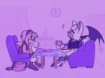 2025 amy_rose analog_clock anthro bat biped breasts cellphone chair chest_tuft cleavage clock clothed clothed_anthro clothed_female clothing container countershade_face countershade_torso countershading cup digital_drawing_(artwork) digital_media_(artwork) duo electronics english_description eulipotyphlan female furniture handbag hedgehog holding_cellphone holding_object holding_phone humming-fly inside light_switch mammal membrane_(anatomy) membranous_wings phone plate question_mark rouge_the_bat sega sitting sonic_the_hedgehog_(series) table tuft wings