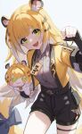  1girl :3 absurdres animal_ear_fluff animal_ears black_bow black_gloves black_shorts blonde_hair bow breasts buttons chinese_commentary claw_pose collared_shirt colored_inner_hair commentary_request cropped_jacket doro_(nikke) elbow_gloves fang fingerless_gloves gloves goddess_of_victory:_nikke green_eyes grey_shirt hand_up head_tilt high-waist_shorts highres holding jacket ju_fufu long_hair looking_at_viewer multicolored_hair open_mouth shali shirt shirt_tucked_in shorts sidelocks simple_background small_breasts smile solo standing streaked_hair tail tail_bow tail_ornament thigh_strap thighs tiger_ears tiger_girl tiger_tail very_long_hair white_background yellow_jacket zenless_zone_zero 