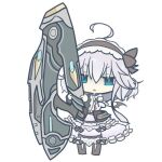  1girl ahoge black_boots black_ribbon black_wings blue_eyes boots cannon capelet chibi dress emil_chronicle_online frilled_capelet frilled_dress frilled_hairband frills hairband holding_cannon homurabi huge_weapon jitome mecha_musume mitama_aria ribbon weapon white_background white_dress white_hair wings 
