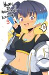  1girl anniversary artist_name black_gloves black_hair black_sports_bra blue_hair body_markings breasts chest_jewel commentary denim fiery_hair fingerless_gloves gloves gradient_hair hand_up happy_anniversary heart highres index_finger_raised jacket jellcaps looking_at_viewer midriff multicolored_hair navel open_clothes open_jacket open_mouth purple_eyes sena_(xenoblade) side_ponytail simple_background small_breasts smile solo spoken_heart sports_bra stomach teeth upper_body upper_teeth_only white_background white_jacket xenoblade_chronicles_(series) xenoblade_chronicles_3 yellow_trim 