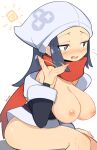  1girl akari_(pokemon) artist_name black_eyes black_hair black_jacket blush breasts commentary fanning_self headscarf highres hot inverted_nipples jacket jellcaps large_breasts long_hair long_sleeves off_shoulder open_mouth pokemon pokemon_legends:_arceus red_scarf scarf sitting solo sun sweat 