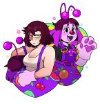  1girl :3 animal_hands antennae bags_under_eyes belt big_nose_bug blush breasts brown_hair cleavage english_commentary food_print fruit_print gloves green_eyes hair_between_eyes highres holding_mascot_head indie_virtual_youtuber looking_at_viewer mascot_costume mascot_head medium_hair multiple_views open_hand open_mouth parted_lips paw_gloves pawpads pink_gloves pink_hair pocket puff_of_air second-party_source short_eyebrows short_sleeves simple_background skreechur sweat teeth thick_arms thick_eyebrows upper_body upper_teeth_only white_background 