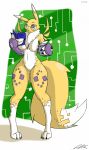  2018 armwear beverage big_breasts book breasts bridal_gauntlets canine cel_shading claws clothing coffee cup data_(wouhlven) digimon eyewear featureless_breasts featureless_crotch female fur glasses green_eyes jeffthehusky mammal markings nude reading renamon smile solo standing thick_thighs yellow_fur 