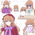  adjusting_eyewear armband bow butterfly_(love_live!) cardigan character_logo clenched_hands closed_eyes coat_dress collared_shirt commentary crown dress elbow_on_table elbow_rest enjoy_it!_(love_live!) glasses hair_flip hair_ornament hairclip hand_on_eyewear hands_on_own_face hat heart highres holding holding_pillow hugging_object konoe_kanata long_hair long_sleeves looking_at_viewer love_live! love_live!_nijigasaki_high_school_idol_club multiple_views neck_ribbon ng_pst nijigasaki_school_uniform open_mouth orange_hair pillow pillow_hug pixel_text plaid_clothes plaid_dress purple_bow purple_eyes red_hat ribbon ryouran!_victory_road_(love_live!) school_uniform sheep shirt squeans star-shaped_eyewear star_(symbol) teruteru_kanata translation_request wavy_hair white_background wrist_cuffs yellow_cardigan 