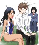  1girl 2girls 774_(nanashi) ^^^ absurdres black_hair blue_one-piece_swimsuit blue_skirt blunt_bangs blush bow bowtie breasts brown_hair collarbone competition_school_swimsuit couch covered_navel crossed_legs curvy dark-skinned_female dark_skin feet_out_of_frame hachiouji_naoto hair_ornament hairclip hands_on_lap highleg highleg_one-piece_swimsuit highres ijiranaide_nagatoro-san long_hair long_skirt multiple_girls nagatoro_hayase official_art one-piece_swimsuit one-piece_tan open_mouth opening_door pleated_skirt red_bow school_swimsuit school_uniform shirt short_hair sitting skirt small_breasts sunomiya_hana surprised sweatdrop swimsuit tan tanlines teeth thighs wavy_mouth white_background white_shirt wide_hips 
