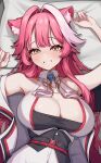  1girl absurdres animal_ears ascot bare_shoulders black_tube_top blue_gemstone blush breasts cleavage coat collarbone collared_shirt commentary extra_ears gem grin h4kuuua_0 hair_intakes hashtag-only_commentary highres hololive hololive_english large_breasts looking_at_viewer lying medium_hair multicolored_hair on_back open_clothes open_coat panther_ears panther_girl pink_coat pink_hair raora_panthera raora_panthera_(1st_costume) shirt smile solo strapless streaked_hair teeth tube_top two-tone_hair underbust virtual_youtuber white_ascot white_shirt yellow_eyes 