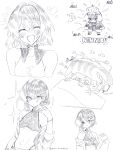  1girl :d ^_^ alternate_costume ange_katrina ange_katrina_(1st_costume) armpit_crease ayuko_ammobium bare_shoulders bat_(animal) blush bracelet cat cat_on_face closed_eyes commentary_request dot_nose earrings ghost greyscale hair_between_eyes hair_intakes hair_ornament hairpin halterneck hand_up highres jacket jacket_partially_removed jewelry looking_at_viewer medium_hair monochrome multiple_hairpins multiple_views navel nijisanji notice_lines open_mouth pendant single_hair_intake smile sparkle stomach teeth twitter_username under_covers upper_teeth_only virtual_youtuber 