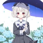  1girl beret black_hat blue_umbrella commentary fingernails flower grey_shirt grey_skirt hat highres holding holding_umbrella hydrangea kanzuki_tsunane light_blush long_sleeves looking_at_viewer neck_ribbon parted_lips pinstripe_pattern pinstripe_shirt pinstripe_skirt pleated_skirt pom_pom_(clothes) rain red_eyes ribbon sailor_collar shirt short_hair simple_background skirt skirt_set solo straight-on ui_(voisona) umbrella upper_body voisona white_background white_hair white_sailor_collar 