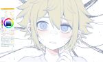  1boy androgynous art_program_in_frame bags_under_eyes basil_(faraway)_(omori) basil_(omori) blonde_hair blue_eyes clenched_teeth double-parted_bangs hair_between_eyes hand_up head_tilt looking_at_viewer male_focus medium_request my_loleeta official_alternate_costume omori pale_skin portrait scene_reference shirt short_hair sidelocks simple_background solo something_(omori) spoilers straight-on teeth uneven_eyes white_background white_shirt wide-eyed 