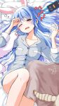  1girl animal arm_up bed_sheet blue_hair blush breasts cat cellphone collarbone collared_shirt commentary_request don-chan_(usada_pekora) dress_shirt feet_out_of_frame grey_pajamas grey_shirt half-closed_eye hand_up head_tilt highres hololive kiritoma long_hair long_sleeves looking_at_viewer lying no_pants on_back one_eye_closed open_mouth pajamas phone phone_with_ears pillow rabbit-shaped_pupils red_eyes shirt short_eyebrows signature small_breasts solo symbol-shaped_pupils thick_eyebrows trembling usada_pekora very_long_hair virtual_youtuber 
