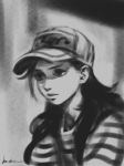  1girl baseball_cap closed_mouth expressionless gohpot hat highres original shirt signature solo striped striped_shirt 