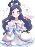  1girl belt black_hair blue_belt blue_brooch blue_eyes blush bow bowtie brooch collarbone commentary_request cowboy_shot cure_white dot_nose dress earrings eyelashes fingernails frilled_arm_warmers frilled_sleeves frills futari_wa_precure futari_wa_precure_max_heart gold_earrings guri_(ak1002s) hair_bow hair_ornament happy heart heart_brooch heart_earrings heart_hair_ornament heart_o-ring high_ponytail highres holding holding_heart jewelry lace-trimmed_dress lace_trim lips long_hair magical_girl notice_lines o-ring o-ring_belt open_mouth ponytail precure short_dress short_ponytail short_sleeves simple_background smile solo split_ponytail spoken_heart standing tareme teeth translation_request white_arm_warmers white_background white_bow white_bowtie white_dress yukishiro_honoka 
