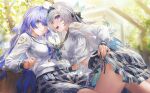  2girls absurdres alternate_costume aqua_eyes aqua_hair black_hairband black_sailor_collar blue_bow blue_bowtie blue_hair bow bowtie closed_mouth earrings face_jewel firefly_(honkai:_star_rail) firefly_(spring_missive)_(honkai:_star_rail) floating_hair gradient_hair green_bow green_bowtie grey_hair hair_between_eyes hair_ornament hairband halo head_wings highres honkai:_star_rail honkai_(series) jewel_under_eye jewelry lifting_own_clothes long_hair long_sleeves looking_at_viewer looking_back mismatched_earrings multicolored_eyes multicolored_hair multiple_girls navel official_alternate_costume open_mouth robin_(honkai:_star_rail) sailor_collar school_uniform shirt skirt smile swkl:d teeth upper_teeth_only white_shirt wings 